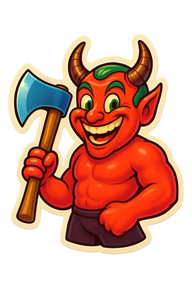Make the devil look funny and happy, with a big smile and a playful, mischievous expression inspired by the Joker's accent and style. Keep the axe, add bright colors and a whimsical vibe. sticker