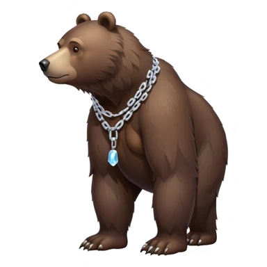 Dark brown bear in a slight walking pose, full body view on all four legs, realistic fur detail, serious expression, ice chain around neck sticker