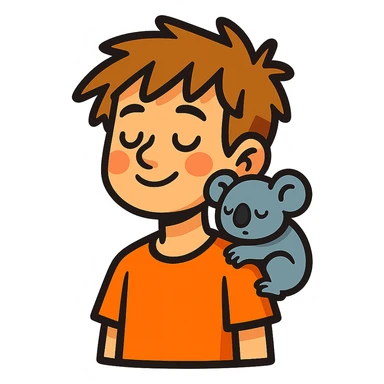 light brown messy haired boy with a very small sleepy koala on his shoulder, vibrant toon style sticker