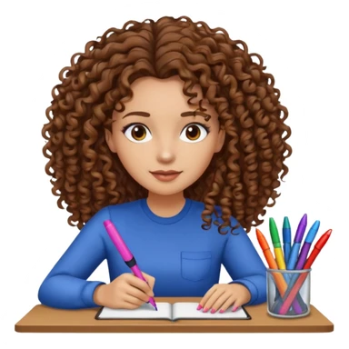 A women curly hair long and light skin with markers on her desk sticker