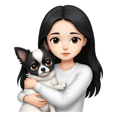 A girl with fair skin, wearing white clothes, gently and tightly hugs a black long-haired Chihuahua sticker