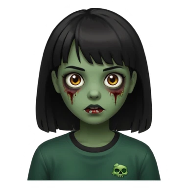 Zombie girl emoji verde escuro com cabelo curto liso preto no ombro e franja na altura da sobrancelha com uma blusa preta, olhos castanhos escuros sticker