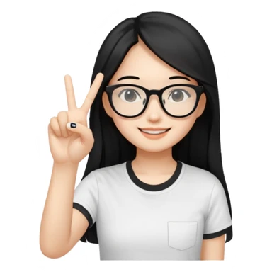 An Asian girl with fair skin and long black hair, wearing black square-framed glasses and a white T-shirt, smiled slightly,with a v sign on her hand sticker