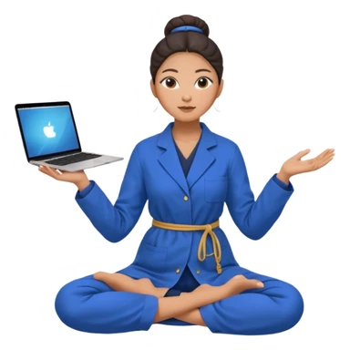emoji of an asian woman with a single bun in a long blue labcoat sitting cross legged with dna levitating above one hand and an macbook above the other hand sticker