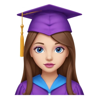 pretty girl with beautiful extremely long brown hair, blue eyes, long lashes makeup, sexy pink lips, wearing a purple and light pink graduation cap and gown sticker