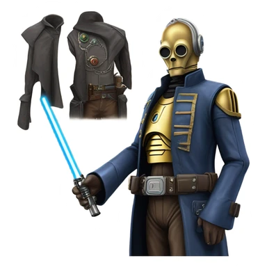 mean bounty hunter tarnished undercover tough well-equipped Jedi  life-sized darkblue-pearl C3po leather vest clothing pants and vest old west duster coat holding light saber sheriff holstered gun sticker