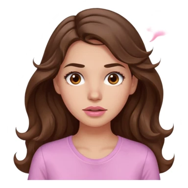 girl with wavy long brown hair, brown eyes, light to medium complexion, long lashes, light pink lipstick, wearing light pink shirt, sweating sticker