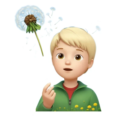 A 3D cartoon child blowing on a dandelion, seeds flying in the air, sunny garden background, realistic Memoji-style. sticker