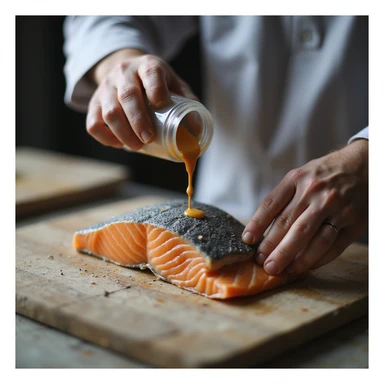 realistic 4K photo of a man adding artificial colorants to a gray salmon fillet to make it orange, kitchen or food lab environment sticker