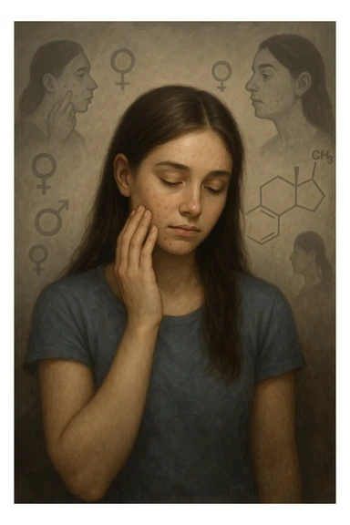 A young woman is surrounded by faint overlays of hormonal symbols and androgen molecules, with shadowy images of acne, facial hair, and oily skin projected around her, symbolizing the symptoms of PCOS with androgen excess. She looks down, gently touching her face with a resigned but hopeful expression, symbolizing her journey toward managing these symptoms. sticker