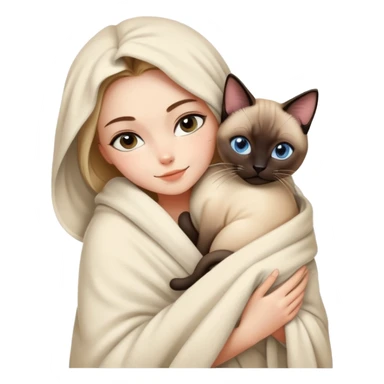 A beautiful and sexy Caucasian girl wrapped in a blanket hugging a Siamese cat sticker