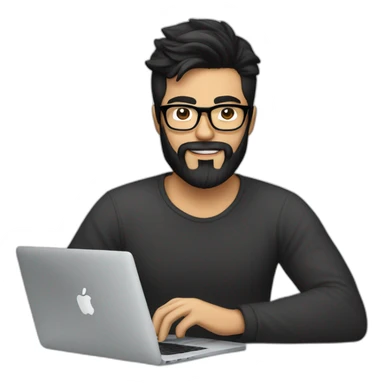 Designer with black hair, beard and glasses working with MacBook and drinking cappuccino  sticker