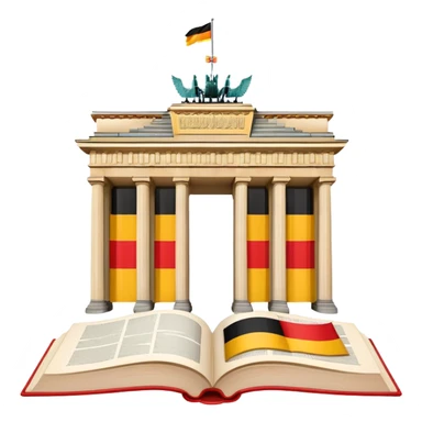 An icon featuring the Brandenburg Gate and the flag of Germany, symbolizing the German language. The design includes an open book with German text and a stein of beer, representing language learning and German culture. Transparent background sticker