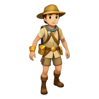 an adventure game, inspired by Uncharted-2. The design features a rugged explorer navigating through ancient ruins, with treasure and obstacles in the background. A dynamic environment with jungle, cliffs, and puzzles highlights the thrill of discovery and action. Transparent background. sticker