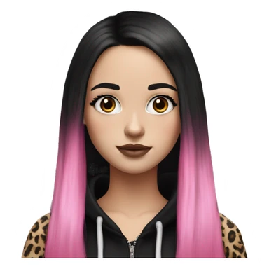 Hyperrealistic white girl with long black hair with a pink fringe and has eye makeup on, she is wearing a black and leopard print hoodie  sticker
