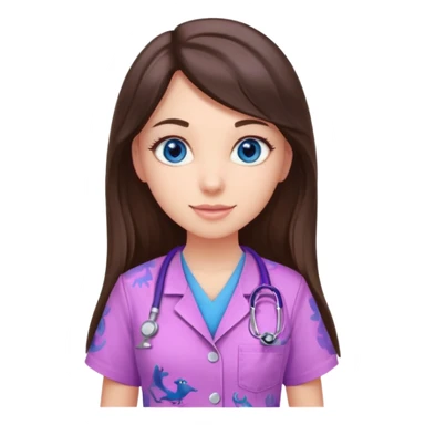 pretty brunette nurse with long hair and blue eyes in pink and purple dinosaur pattern scrubs sticker