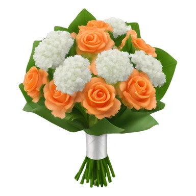 A boquet wrapped in an orange and white, that has White carnations that has pink tips, with baby’s breath and green leaves sticker