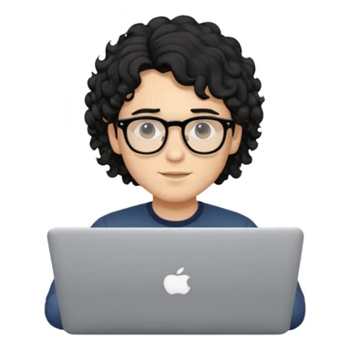 guy with wavy kinda curly black hair and light-to-medium skin tone and glasses, with a macbook sticker
