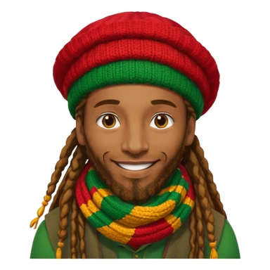 “Create a powerful illustrated portrait of a smiling man with long dreadlocks, wearing a colorful red, gold, and green knitted tam. The background has jungle leaves and warm lighting. Style: vibrant digital art, modern, bold lines, reggae vibe. With a Amsterdam colour scarf around his neck sticker