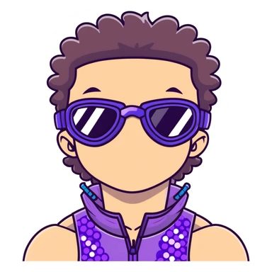 close-up of cool guy male athlete with white skin and moderately curly dark brown hair on top with shaved sides, with one purple ski goggle lens pushed up above his eyes on his forehead, sticking his tongue out of his mouth, a simple plain black chain necklace, and a completely unzipped sleeveless vest with purple and black sequin fire pattern design with no logo sticker