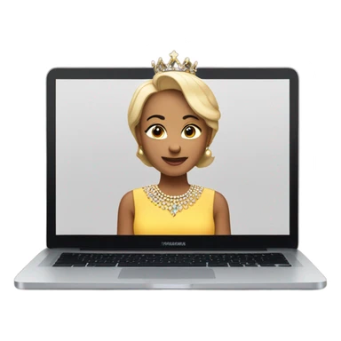 queen with a bob haircut  seating looking forward on a mac laptop and show her dress sticker