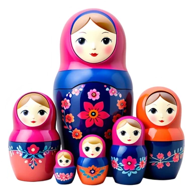 A modern Russian pop art matryoshka doll, fully opened and arranged horizontally in a clean, structured layout, with each layer revealing a unique, vibrant color while maintaining a cohesive palette. Smooth, glossy surfaces adorned with abstract, contemporary patterns create a sense of unity and depth. Rich, harmonious colors such as deep navy, coral, fuchsia, soft peach, and muted lavender contrast elegantly against a sleek gradient lavender-coral with noise background. The ultra-sharp focus, refined lighting, and high-end beauty product aesthetics bring a stunning, captivating glow to this 3D render. sticker