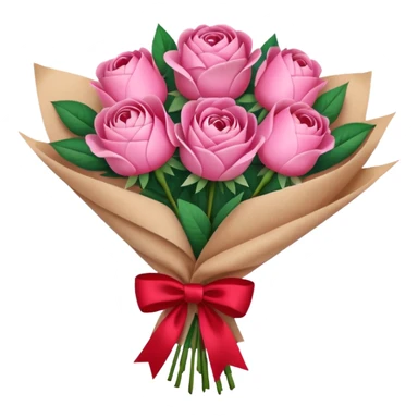 Bouquet of pink flower like rose and peony wrapped in kraft paper with red bow sticker