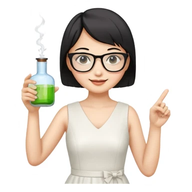 asian teacher with a white dress holding a flask with retangle glasses and black short hand make her smile and point to the right with her other hand sticker