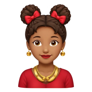 Brownskin girl dark brown hair fluffy.Two buns with red bows brown eyes smiling closed mouth red shirt gold esrrings gold necklace sticker