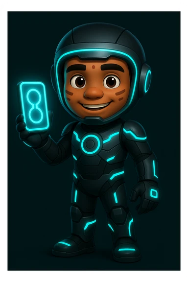 Create the same character as in the reference image but dressed in a futuristic sci-fi suit, holding a glowing gadget, with a friendly expression, full body view. Maintain the character's original style and features. sticker