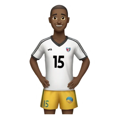 A person happy wearing a soccer jersey with the number 15 written on it sticker