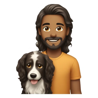 smiling boy with beard and long hair with dog indoors sticker