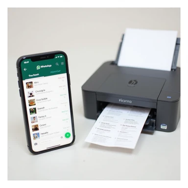 realistic thumbnail for a WhatsApp print out service, smartphone on the left side with WhatsApp open, chat showing various file types, printer on the right side printing out a variety of files, clean background sticker