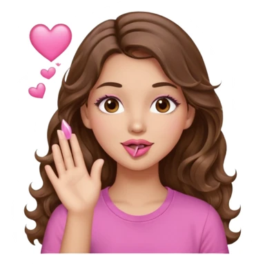 girl with long wavy brown hair, brown eyes, light to medium complexion, in a pink shirt, pink lips, long lashes, blowing a kiss sticker