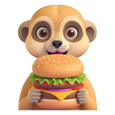 a meerkat face holding a burger in front of it, 3D emoji style sticker