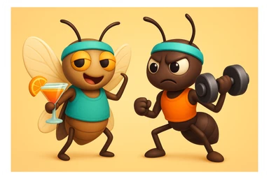 EMOJI STILE IPHONE 3D DI UNA CICALA E UNA FORMICA IN ABITI FITNESS, LA CICALA HA IN MANO UN COCKTAIL MENTRE LA FORMICA HA IN MANO UN MANUBRIO DA PALESTRA. L'IMMAGINE RAPPRESENTA IL FATTO CHE LA FORMICA VOGLIA IMPEGNARSI REALMENTE PER CAMBIARE IL SUO FISICO MENTRE LA CICALA SI VUOLE DIVERTIRE E NON CONCLUDE NULLA ALLA FINE sticker