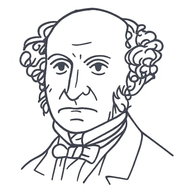 a hand drawn black outline portrait of philosopher John Stuart Mill with similar-sized eyes based a famous portrait of him, with fluffy hair sticker