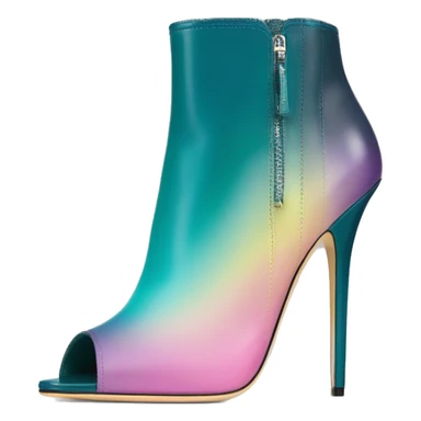 Realistic isolated front view of a pair of dark teal,pastel pink,pastel purple,and yellow ombre Jimmy Choo stiletto peep toe ankle boots. sticker