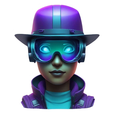 Secret humanoid agent in a futuristic hat with in Apple VR goggles headset code display on the goggles , cyberpunk, cyan and purple colors, only upper body portrait, front facing the camera  sticker