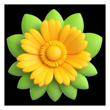 bright yellow flower with detailed petals and textured center, 3D iOS emoji style, leafy green background sticker
