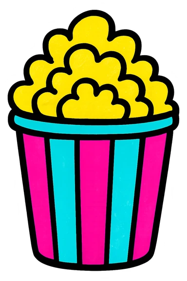 popcorn in a striped bucket, vibrant and playful icon style sticker