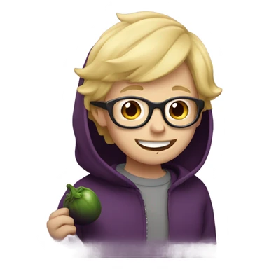 smiling blonde boy with glasses wearing hoodie eating a eggplant  sticker