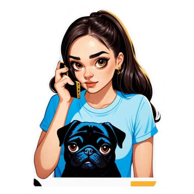 Beautiful young girl with choppy long dark brown hair flows over her her septum piercing is gold and shines as she holds her black phone and her large pug with an underbite layed beside her sticker