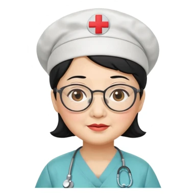 OLD ASIAN WOMAN WITH GLASSES, NURSE SCRUBS, CAP, BLACK HAIR, CHUBBY sticker