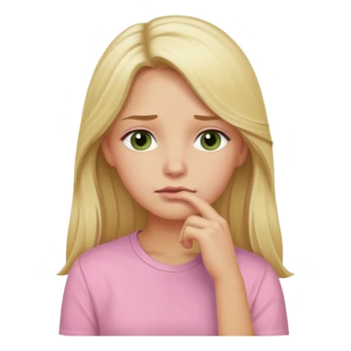 blonde with long hair and swamp-colored eyes, wearing a pastel pink shirt, thoughtful expression, hand on chin, iOS Apple emoji style sticker