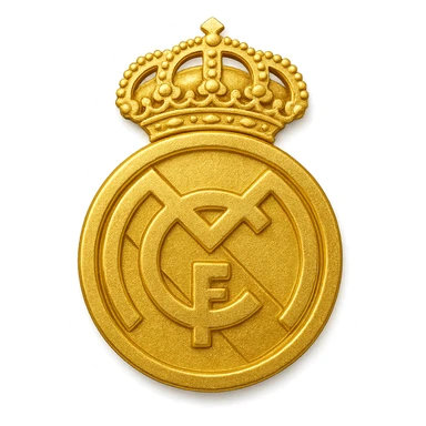 Add a luxurious golden effect to the Real Madrid logo in an emoji style with a transparent background. The style should reflect the look of emoji art with a focus on golden luxury and transparency. sticker