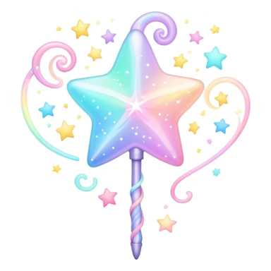 Cinematic cute magical wand, pastel swirls of color, tiny twinkling stars floating around, glowing softly, chubby rounded edges, whimsical and dreamy. sticker