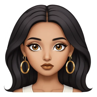 indian girl, brown skin, long black voluminous hair, brown underneath colored hair, baddie,pretty, makeup, lipliner, black eyeliner, gold hoop earrings, white top sticker