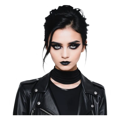 Chucky's bride in a black dress and black leather jacket, heavy dark eye makeup sticker