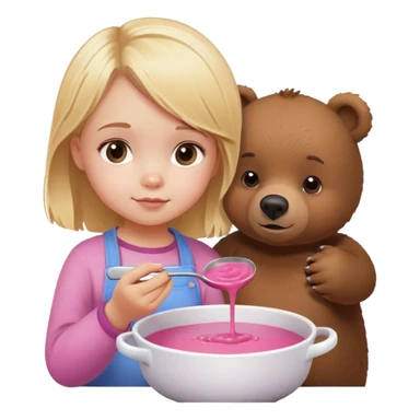 A little blonde girl stirring pink soup with a brown bear next to her sticker